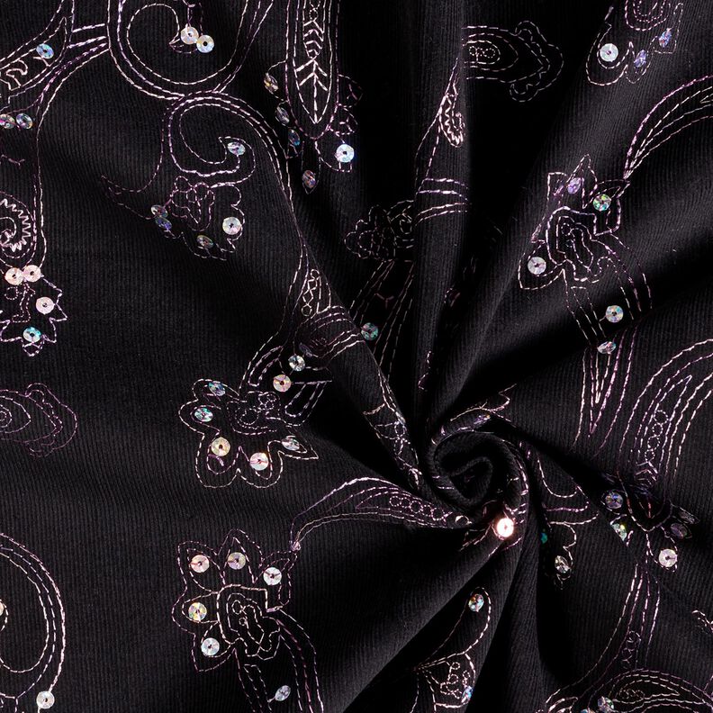 Velours à côtes fines avec fleurs en broderie et paillettes – noir,  image number 3