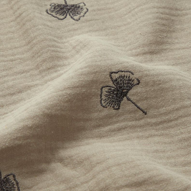 Tissu double gaze de coton Ginkgo brodé – gris clair, image number 2