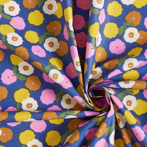 Tissu en coton Cretonne Fleurs rondes – jaune soleil/bleu,  image number 3