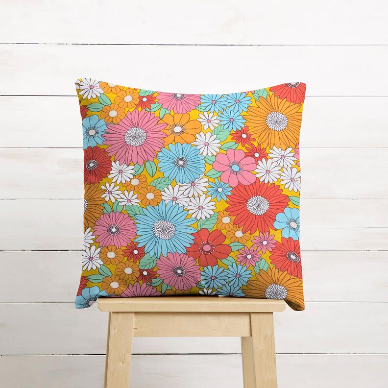 Tissu en coton Cretonne Grandes fleurs rétro – turquoise/jaune soleil,  image number 7