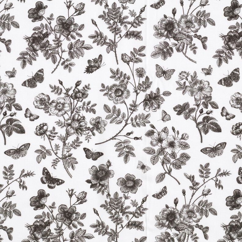 Tissu viscose Fleurs et papillons – blanc/noir,  image number 1