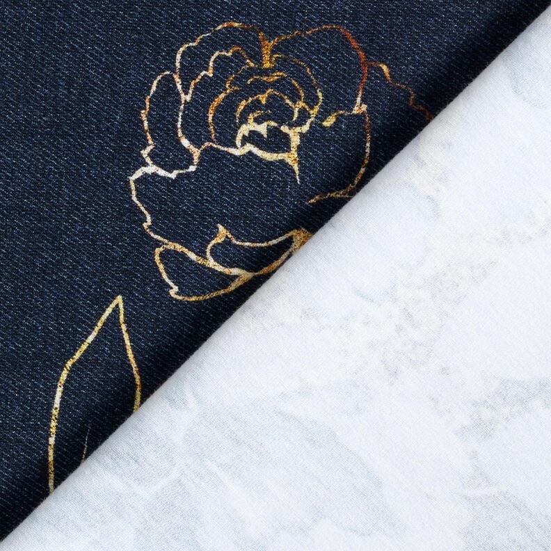 Jersey coton Tissu bordure fleurs paillettes dorées | Glitzerpüppi – bleu nuit/bleu jean,  image number 4
