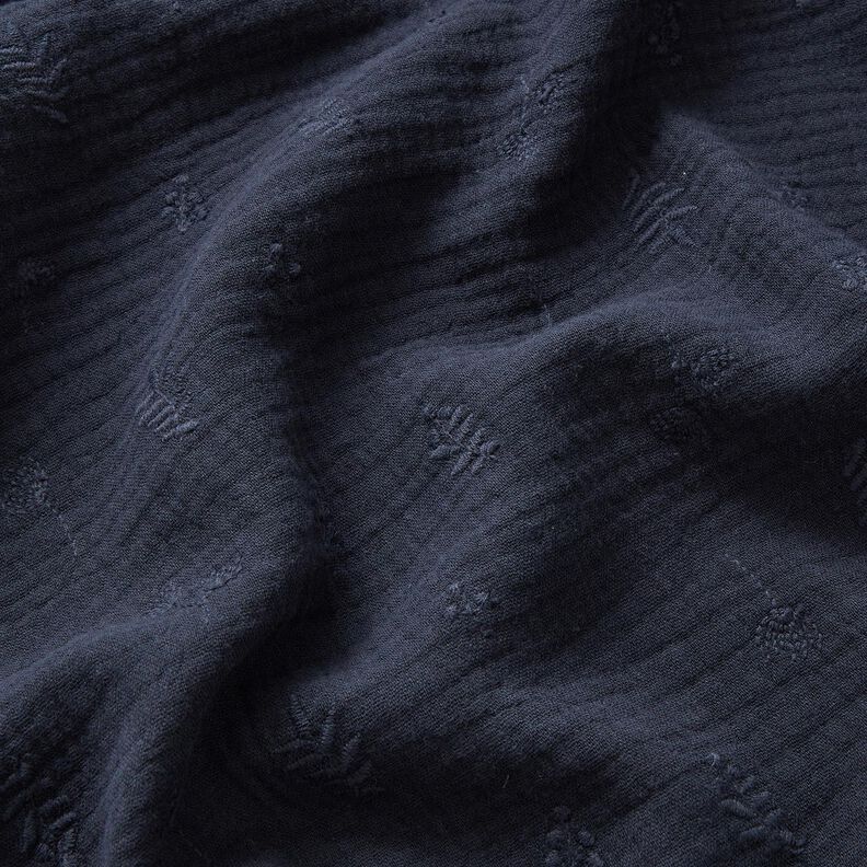Tissu double gaze de coton broderie fleurs et branches – bleu marine,  image number 2