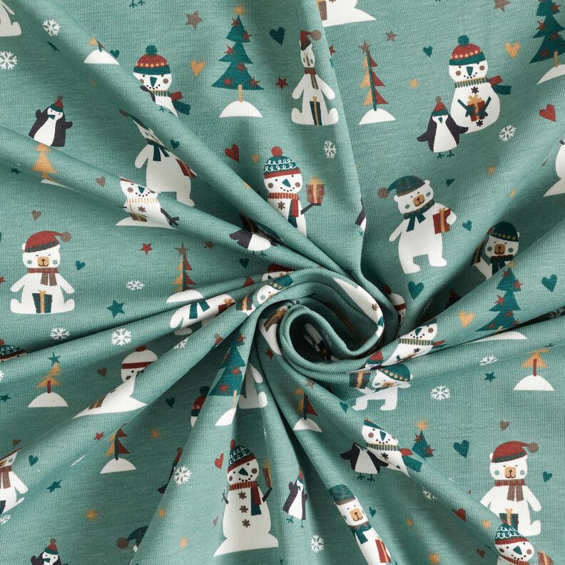 Jersey coton Pingouin, ours polaire et bonhomme de neige – roseau,  image number 3