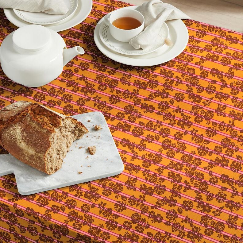 Tissu en coton Cretonne Fleurs sur rayures – jaune curry/pourpre,  image number 5