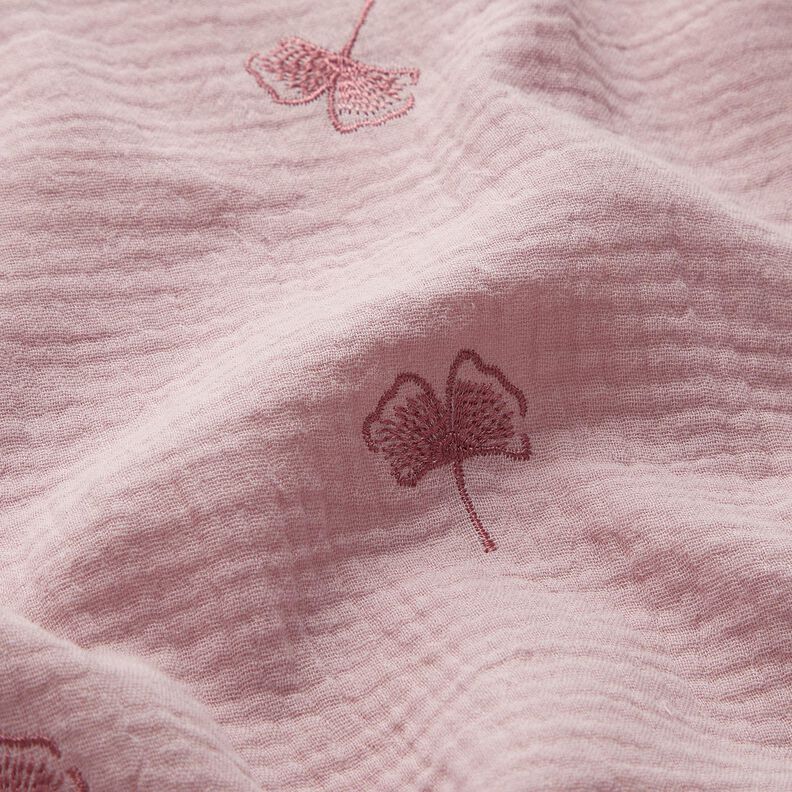 Tissu double gaze de coton Ginkgo brodé – vieux rose clair,  image number 2