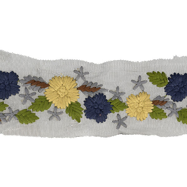 Ruban en tulle Broderie de fleurs – bleu marine/beige, image number 1
