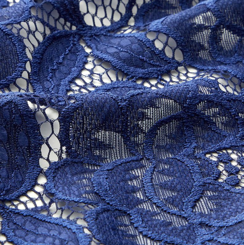 Dentelle élastique Fleurs et feuilles – bleu marine,  image number 3