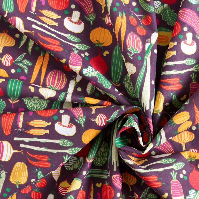 Tissu en coton Cretonne Variété de légumes – aubergine/vert, image number 3