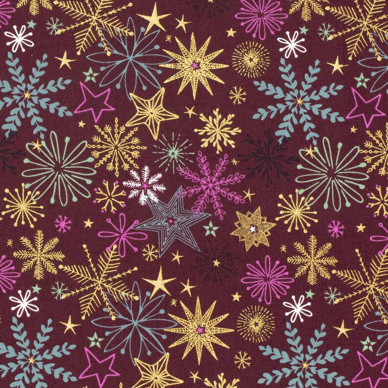 Tissu en coton Popeline Mélange d'étoiles – rouge bordeaux/or,  image number 1