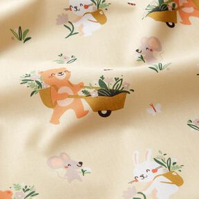 Popeline coton Animaux cueillant des fleurs – jaune vanille, 