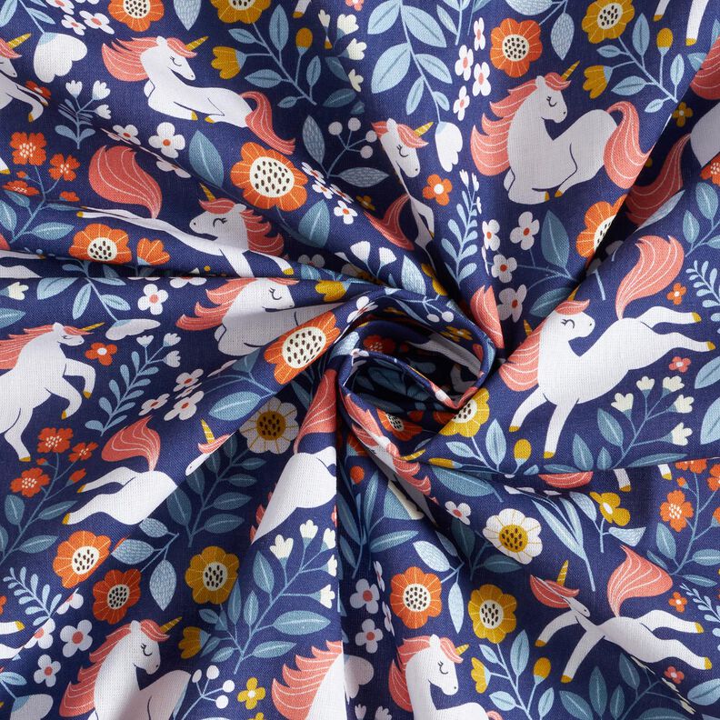 Popeline coton Licorne fleurs Impression numérique – indigo,  image number 3