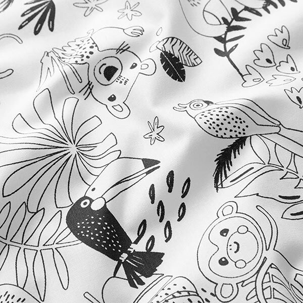 Popeline coton Tissu à colorier perroquets – blanc/noir,  image number 2