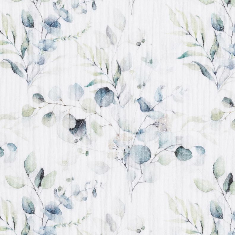 Tissu double gaze de coton Rameaux de feuilles aquarelle Impression numérique – blanc,  image number 1