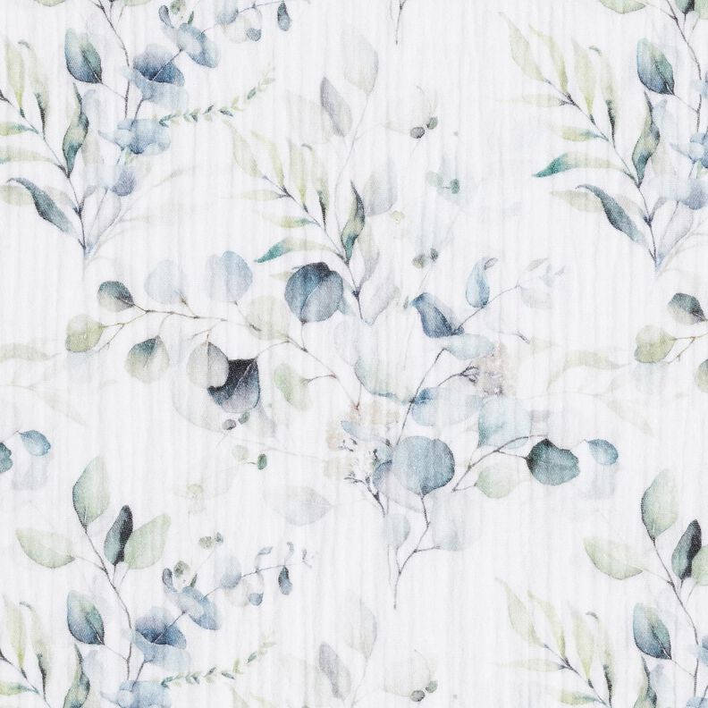 Tissu double gaze de coton Rameaux de feuilles aquarelle Impression numérique – blanc, image number 1
