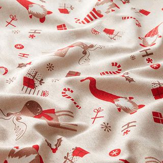 Tissu de décoration Semi-panama Lutins et rennes – beige/rouge, 
