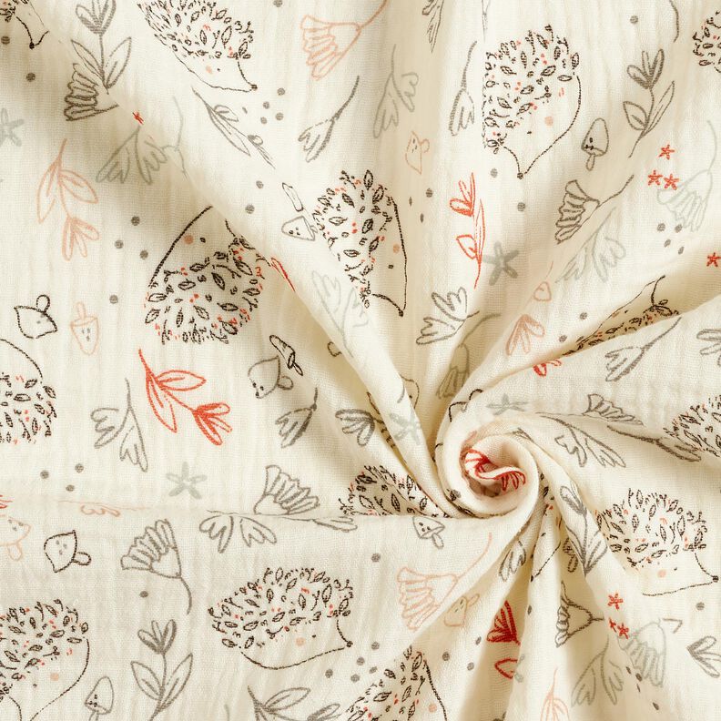 Tissu double gaze de coton Hérissons et plantes de la forêt – écru,  image number 3