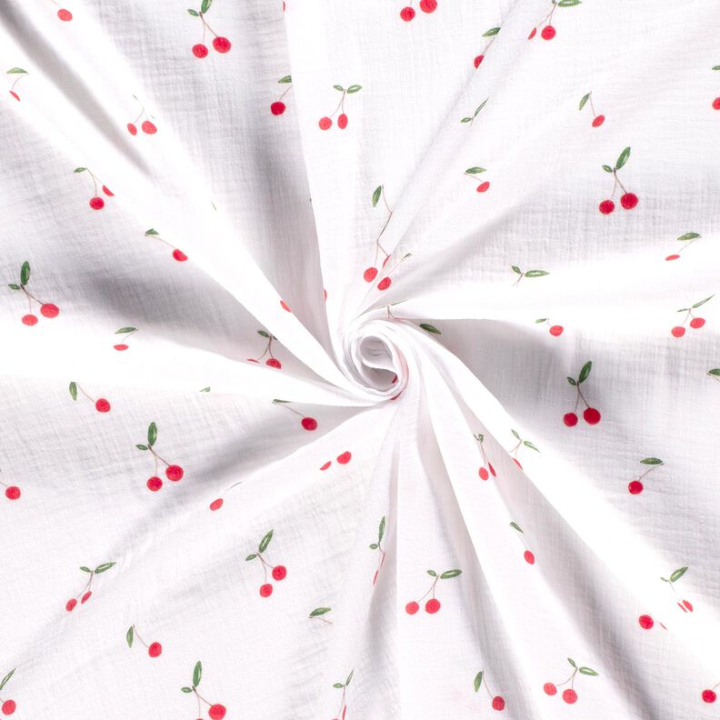 Tissu double gaze de coton Cerises aquarelle Impression numérique – blanc,  image number 3
