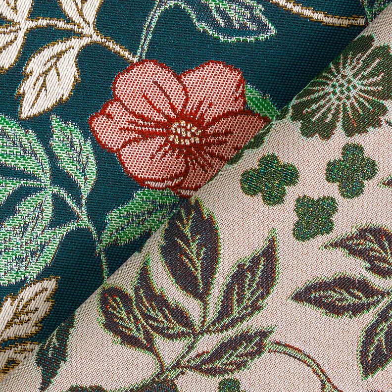 Tissu de décoration Jacquard Fleurs vintage – pétrole/rouge foncé,  image number 4
