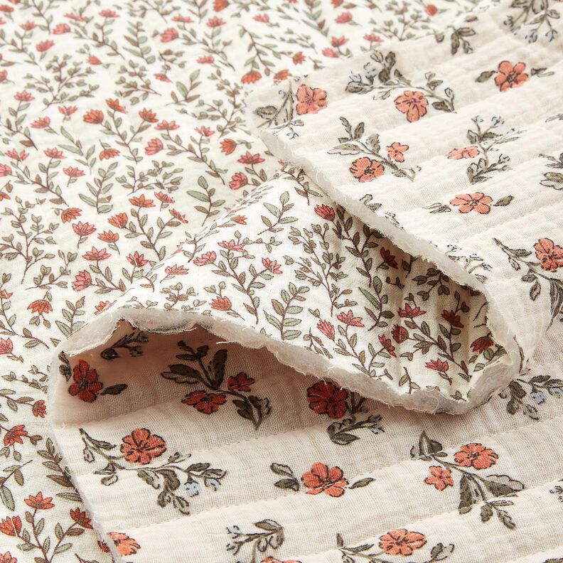 Tissu gaze de coton Tissu matelassé Fleurs romantiques – écru/myrtille, image number 2