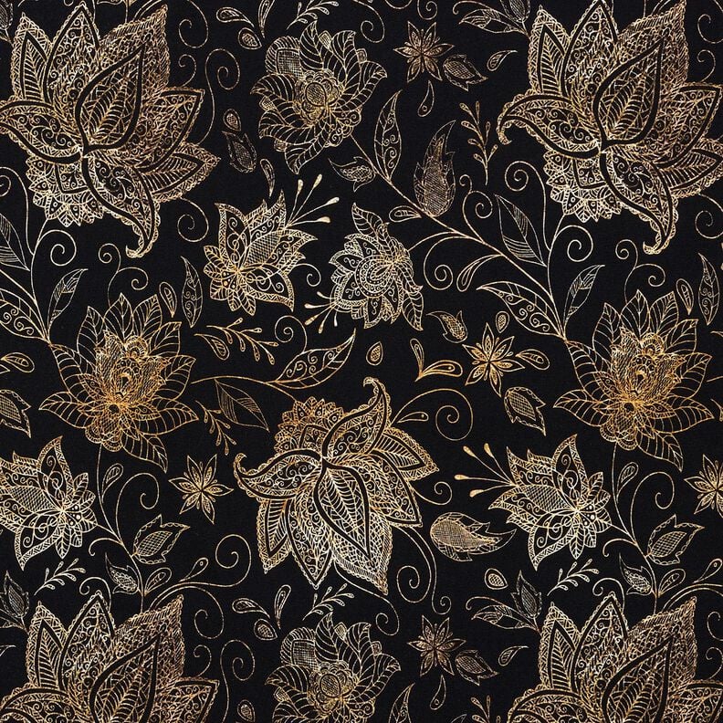 Jersey coton fleurs de mandala dorées | Glitzerpüppi – noir/or,  image number 1
