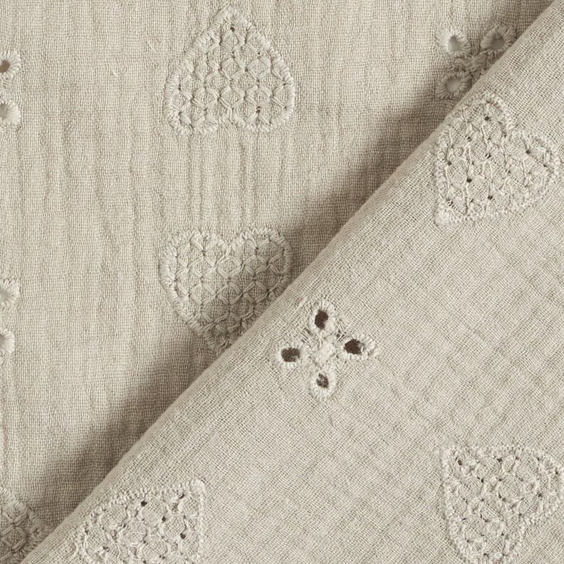 Tissu double gaze de coton Dentelle brodée Cœurs – gris soie, image number 4