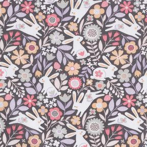 Popeline coton Lapins dans un pré fleuri – gris foncé, 