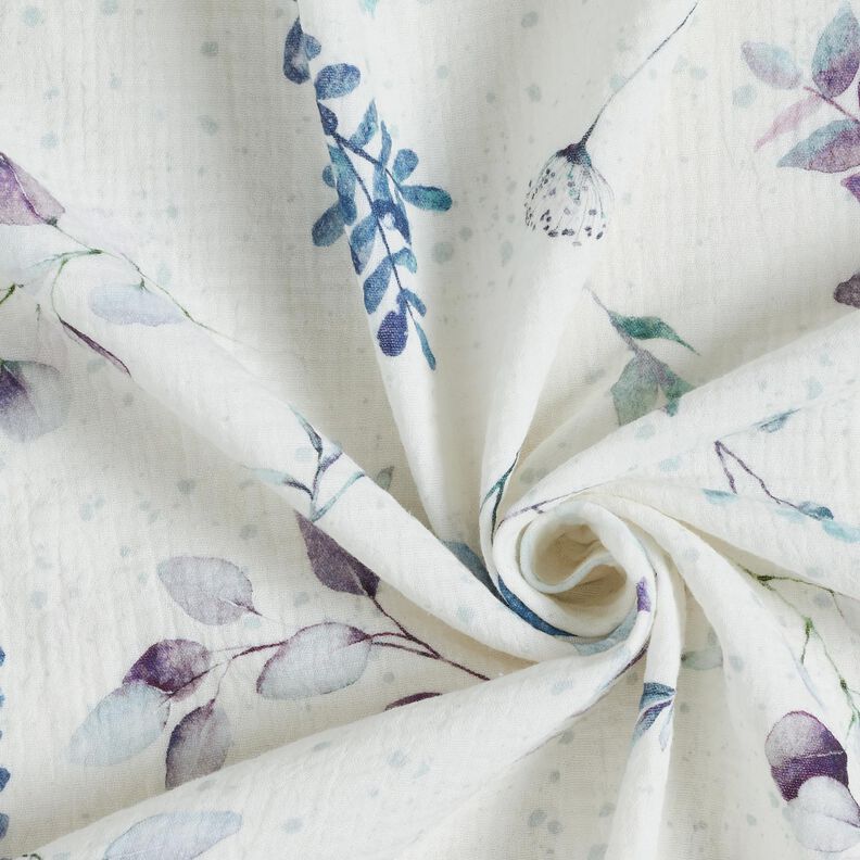 Tissu double gaze de coton Aquarelle branches d'eucalyptus – écru/bleu aqua,  image number 3
