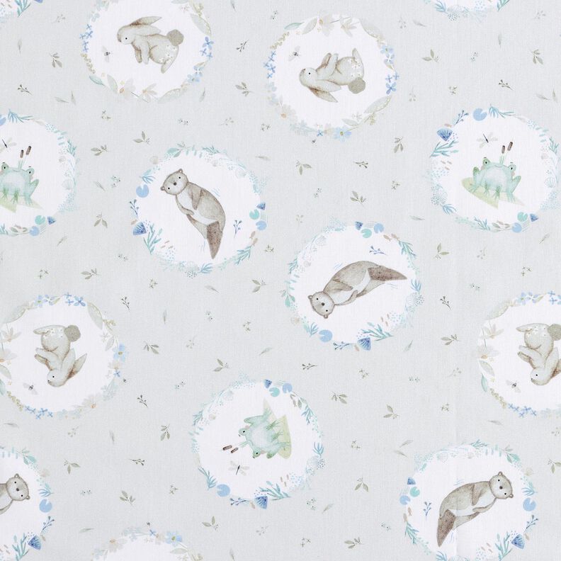 Popeline coton Animaux dans cercle de fleurs Impression numérique – argent/blanc,  image number 1