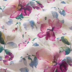 Tissu double gaze de coton Fleurs aquarelle Impression numérique | by Poppy blanc/pourpre, 
