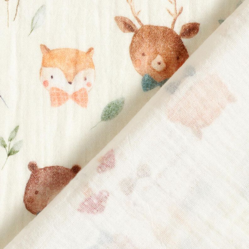 Tissu double gaze de coton Têtes d'animaux de la forêt Impression numérique – écru,  image number 4