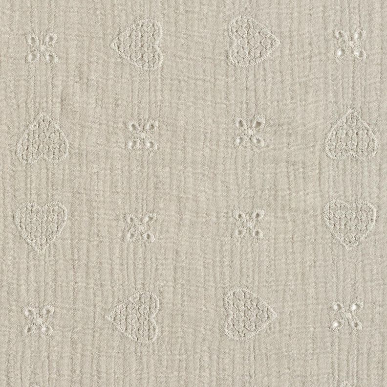 Tissu double gaze de coton Dentelle brodée Cœurs – gris soie, image number 1