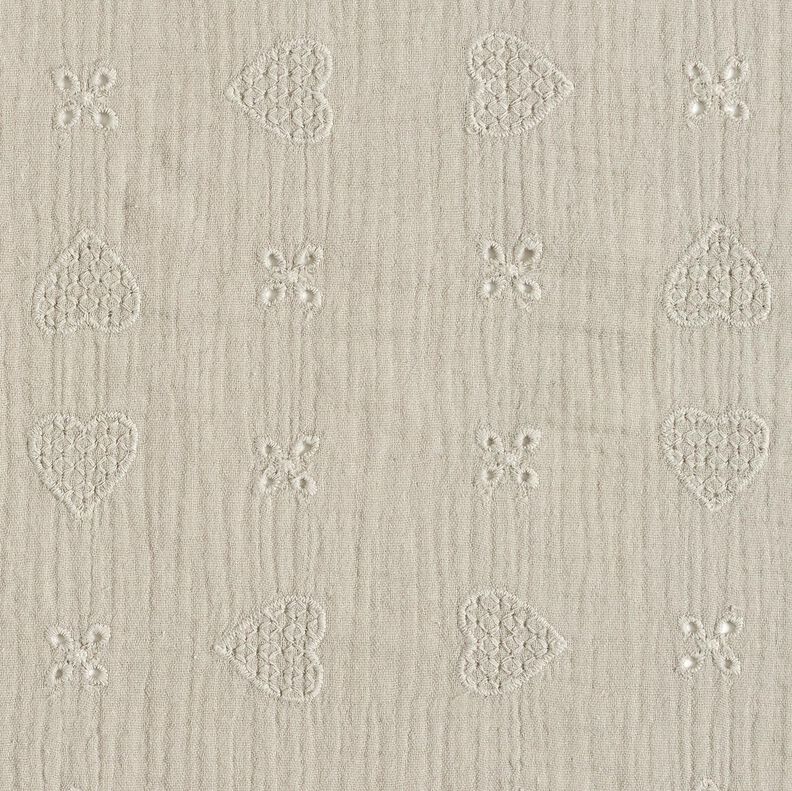 Tissu double gaze de coton Dentelle brodée Cœurs – gris soie,  image number 1