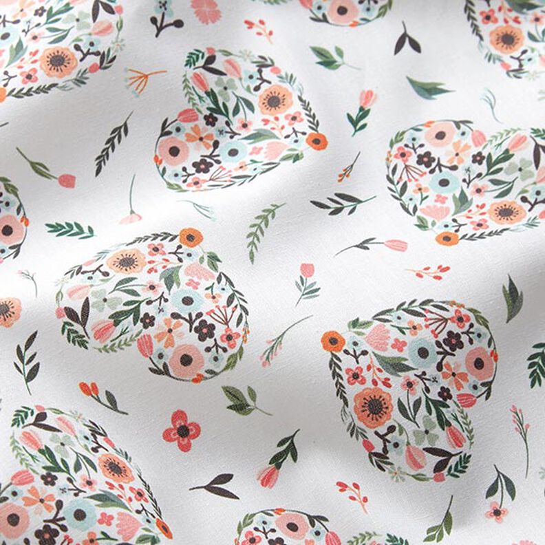 Tissu en coton Percale fleurs dans des cœurs – blanc/rose,  image number 2