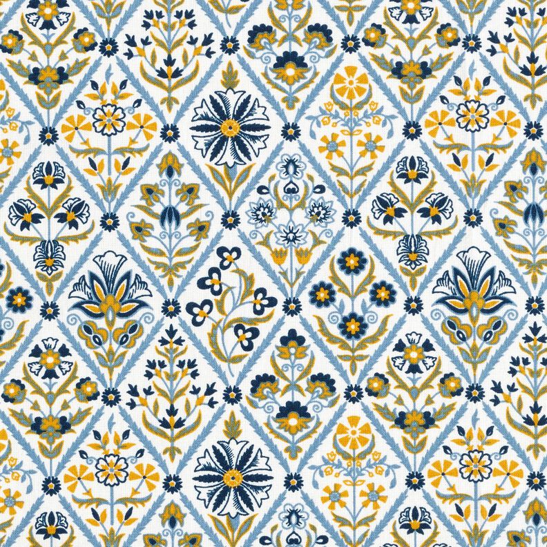 Tissu en coton Cretonne Carreaux à fleurs – blanc/bleu brillant,  image number 1