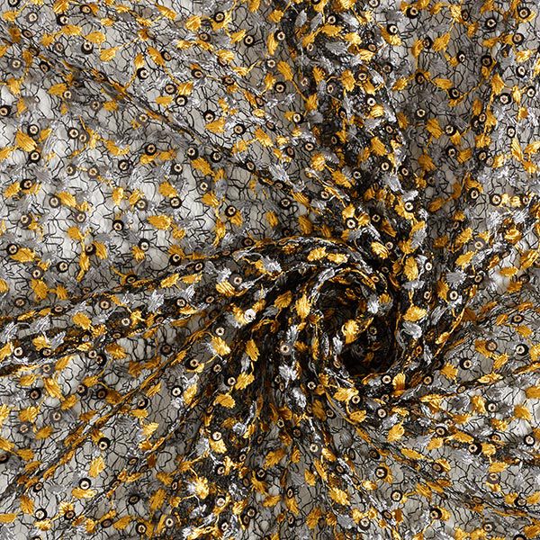 Tissu en dentelle à vrilles de fleurs et paillettes – noir/or,  image number 3