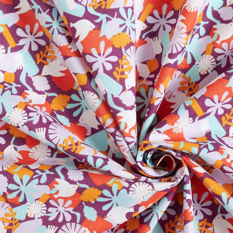 Tissu en coton Cretonne Oiseaux et fleurs – raisin/violet pastel, image number 3