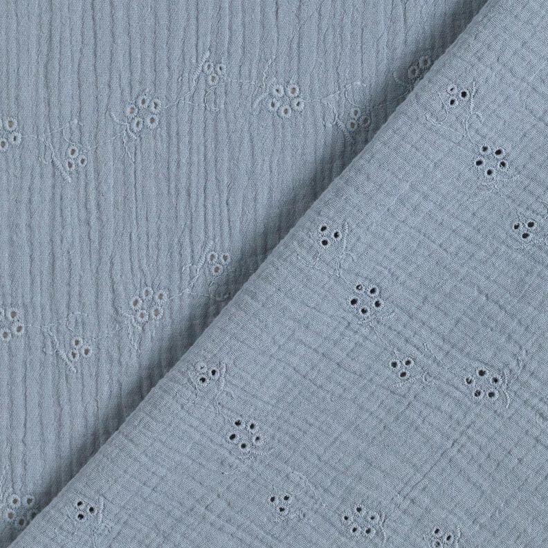 Tissu double gaze de coton Dentelle brodée Vrilles de fleurs – gris bleu,  image number 4