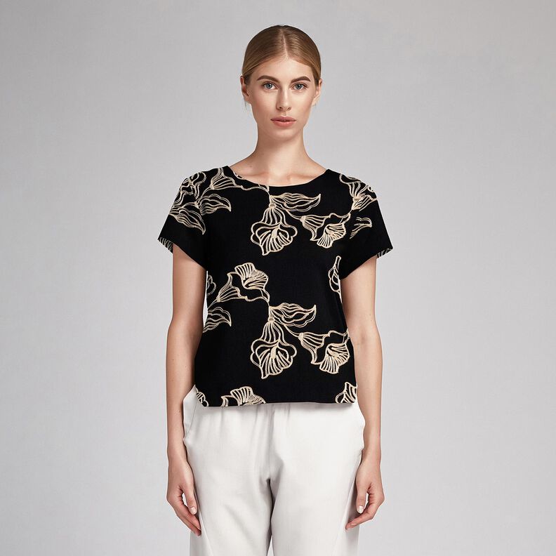 Tissu en viscose avec broderie de lys, noir &ndash; noir/cr&egrave;me,  image number 6
