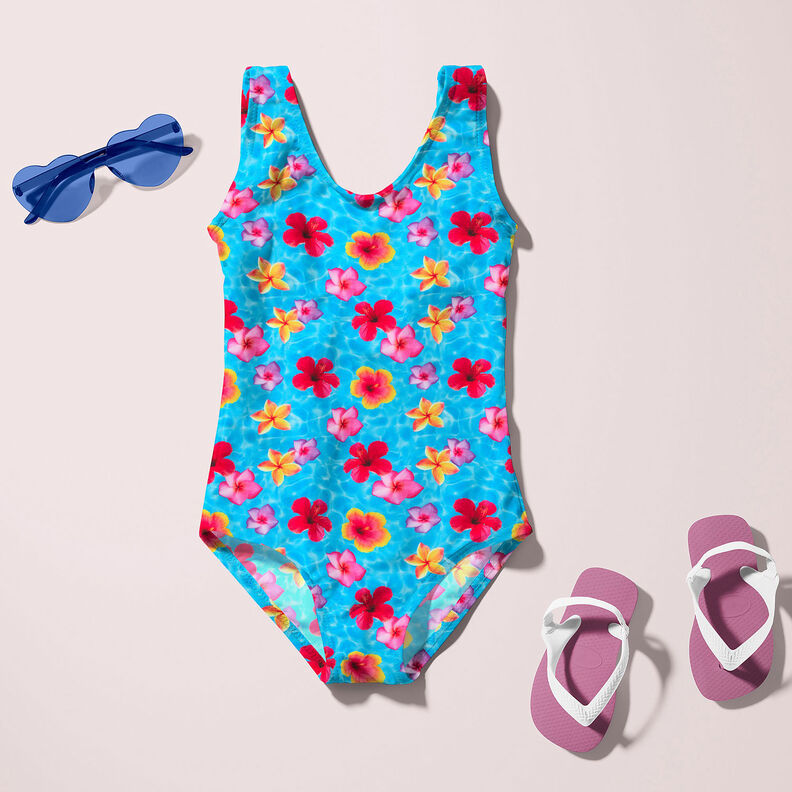 Tissus pour maillot de bain Fleurs hawaïennes – bleu/rose intense,  image number 8