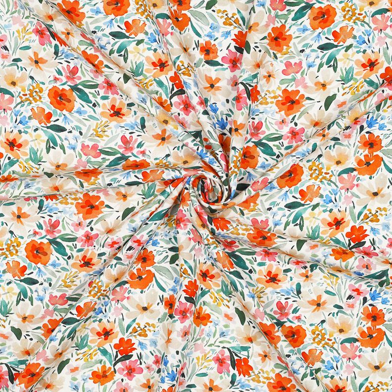 Tissu viscose Impression numérique prairie fleurie – blanc/orange,  image number 3