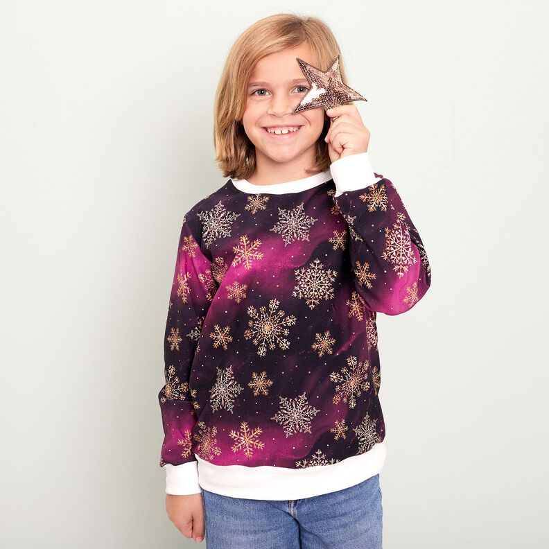 French Terry Sweat d’été Flocons de neige Voie lactée | Glitzerpüppi – aubergine/or ancien, image number 5