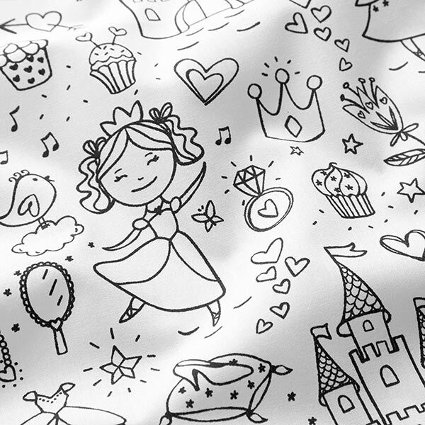 Tissu à colorier Popeline Petite princesse – blanc/noir,  image number 2