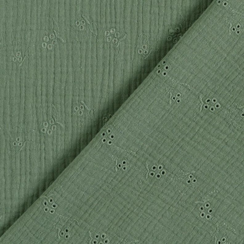Tissu double gaze de coton Dentelle brodée Vrilles de fleurs – vert foncé,  image number 4