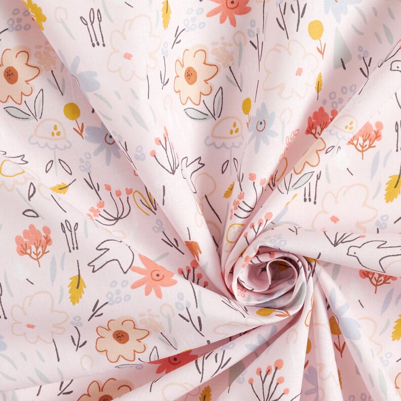 Tissu en coton Prairie fleurie avec oiseaux – rosé,  image number 3