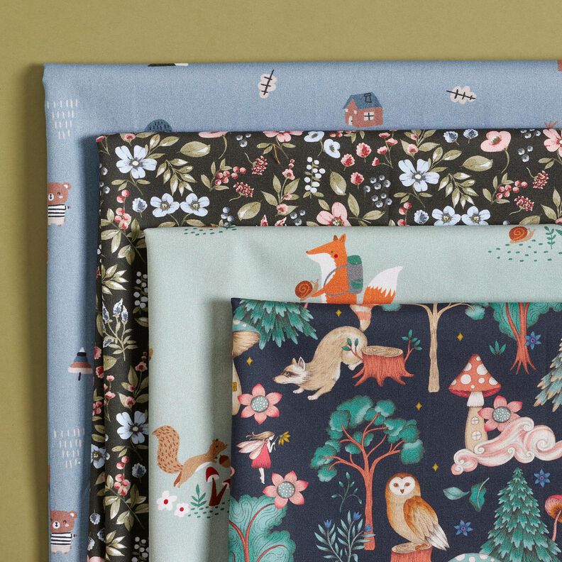 GOTS Popeline coton Ours et hibou en balade – jean bleu clair,  image number 5