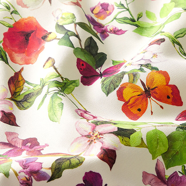 Tissu d’extérieur Canvas Fleurs et papillons – blanc/lilas,  image number 2
