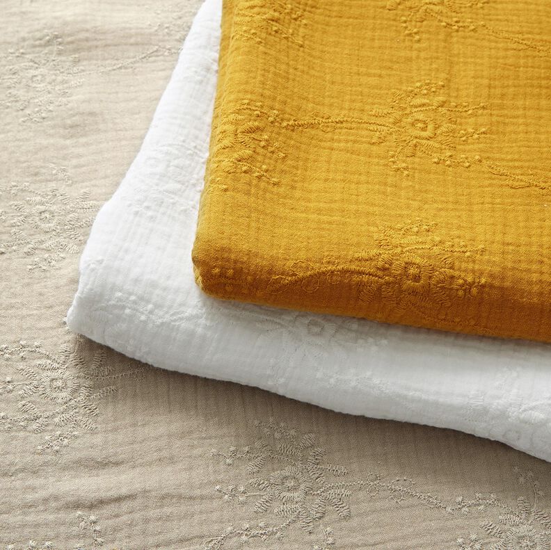Tissu double gaze de coton Vrille florale ton sur ton – jaune curry,  image number 5