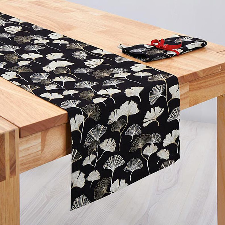Tissu de décoration Jacquard feuilles de gingko – noir/or,  image number 10