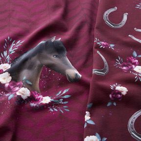 Jersey coton Fleurs chevaux Panel | Glitzerpüppi – rouge bordeaux, 